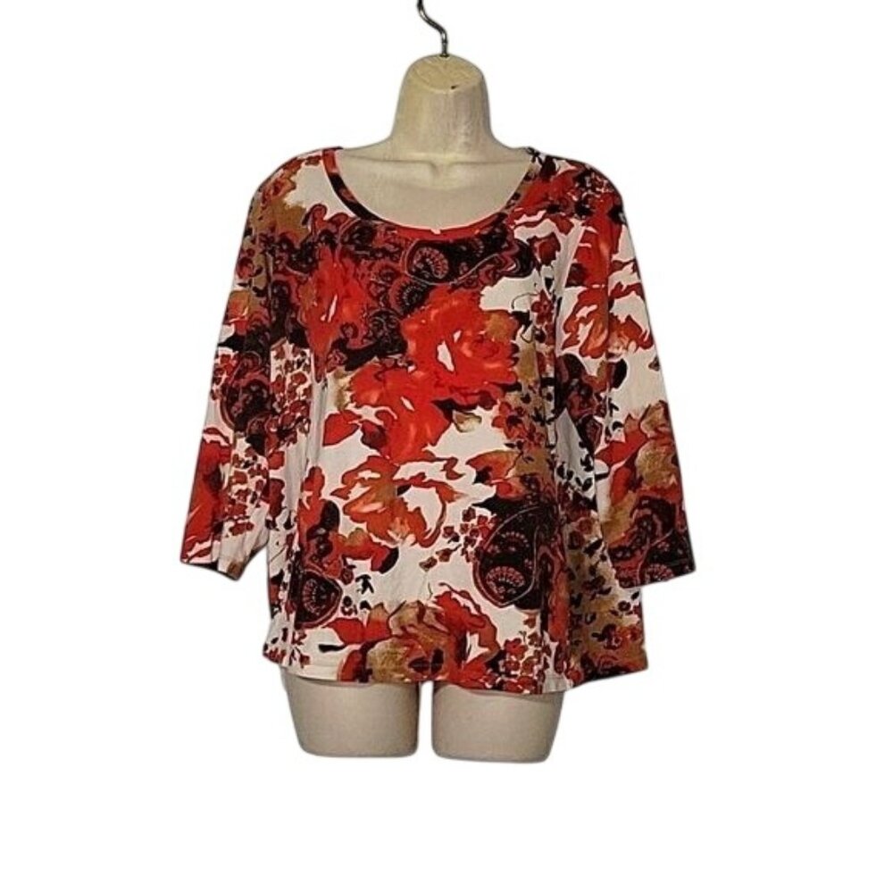 CHICO'S Size 3 Floral Paisley Print 3/4 Sleeve Scoop Neck T-Shirt Top officecore